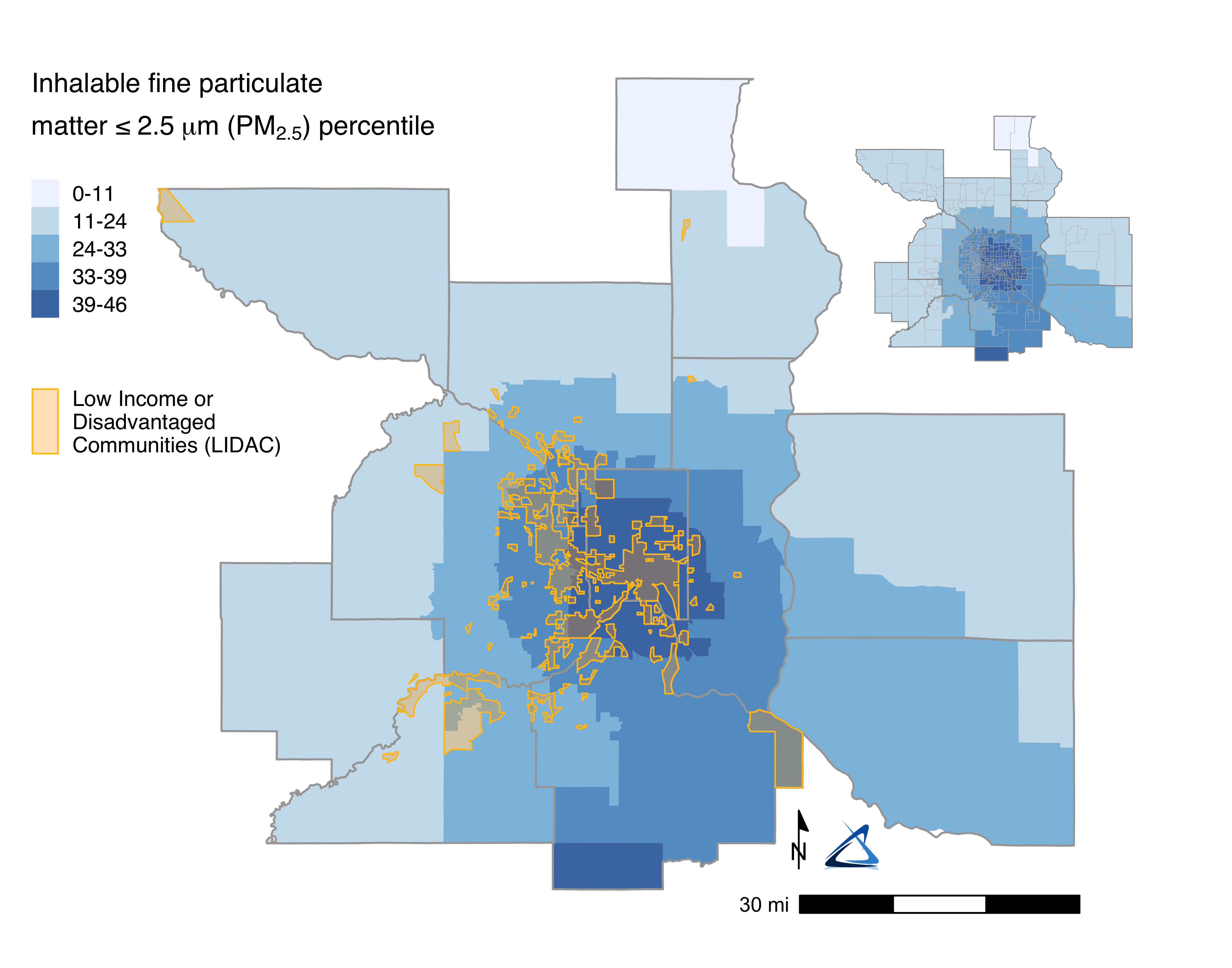 A map of LIDAC block groups overlaying concentrations of inhalable fine particulate matter. There is noticeable overlap in the most polluted regions and where LIDAC block groups are concentrated, particularly in Ramsey County.
