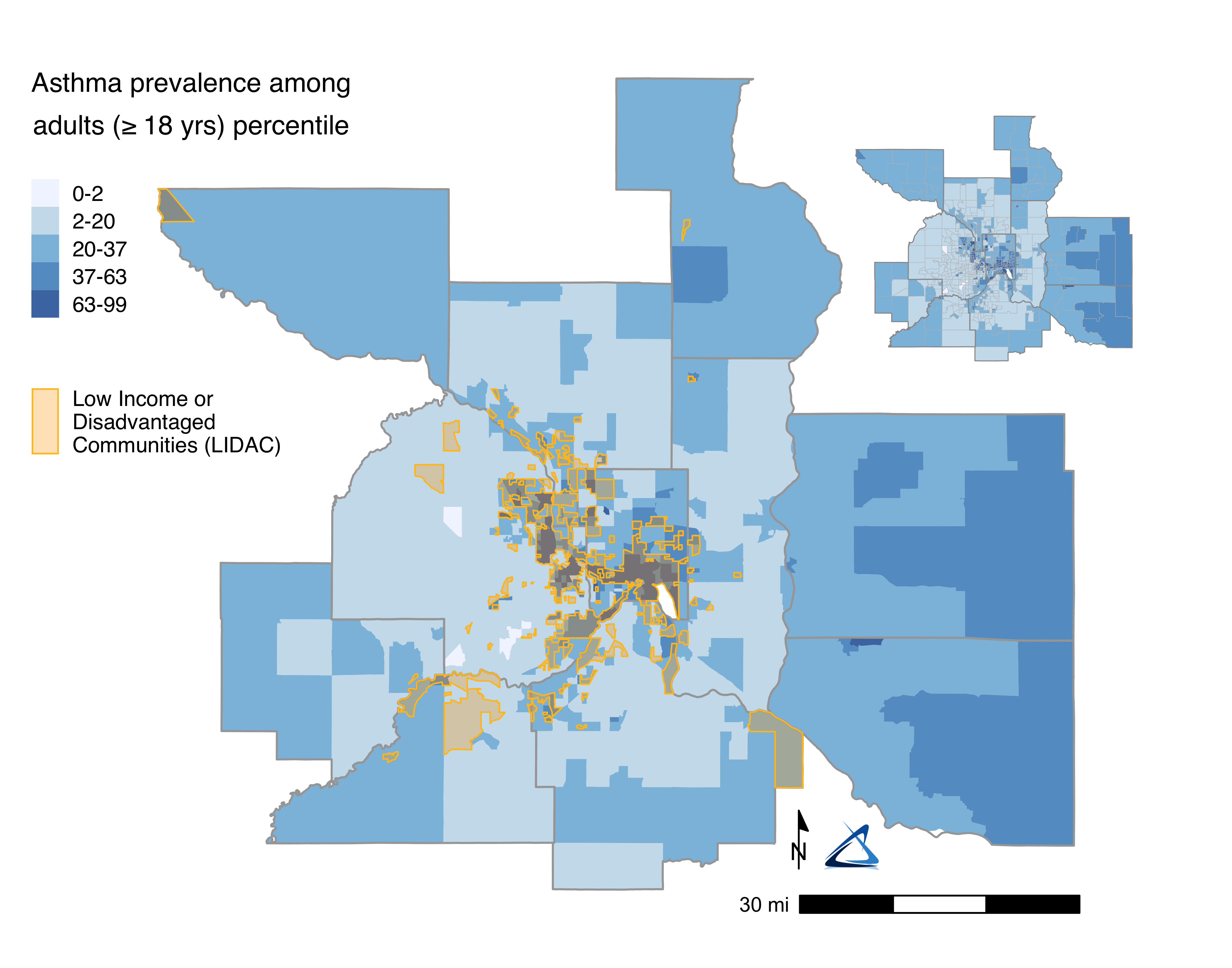 A map of LIDAC block groups overlaying concentrations of asthma prevalence among adults. There is noticeable overlap in asthma prevalence and where LIDAC block groups are concentrated, particularly in Hennepin and Ramsey Counties.