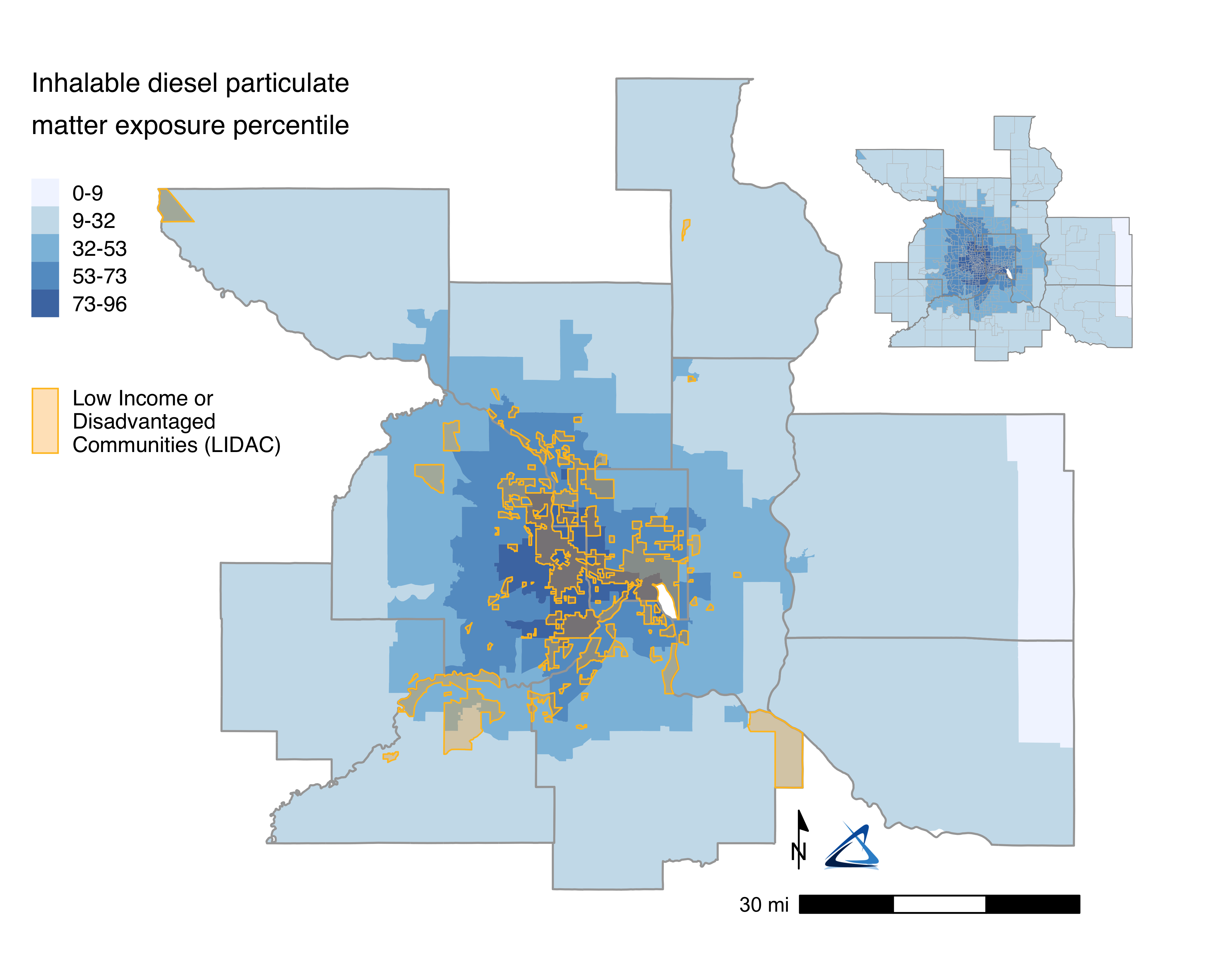 A map of LIDAC block groups overlaying concentrations of inhalable diesel particulate matter. There is noticeable overlap in the most polluted regions and where LIDAC block groups are concentrated, particularly in eastern Hennepin County.