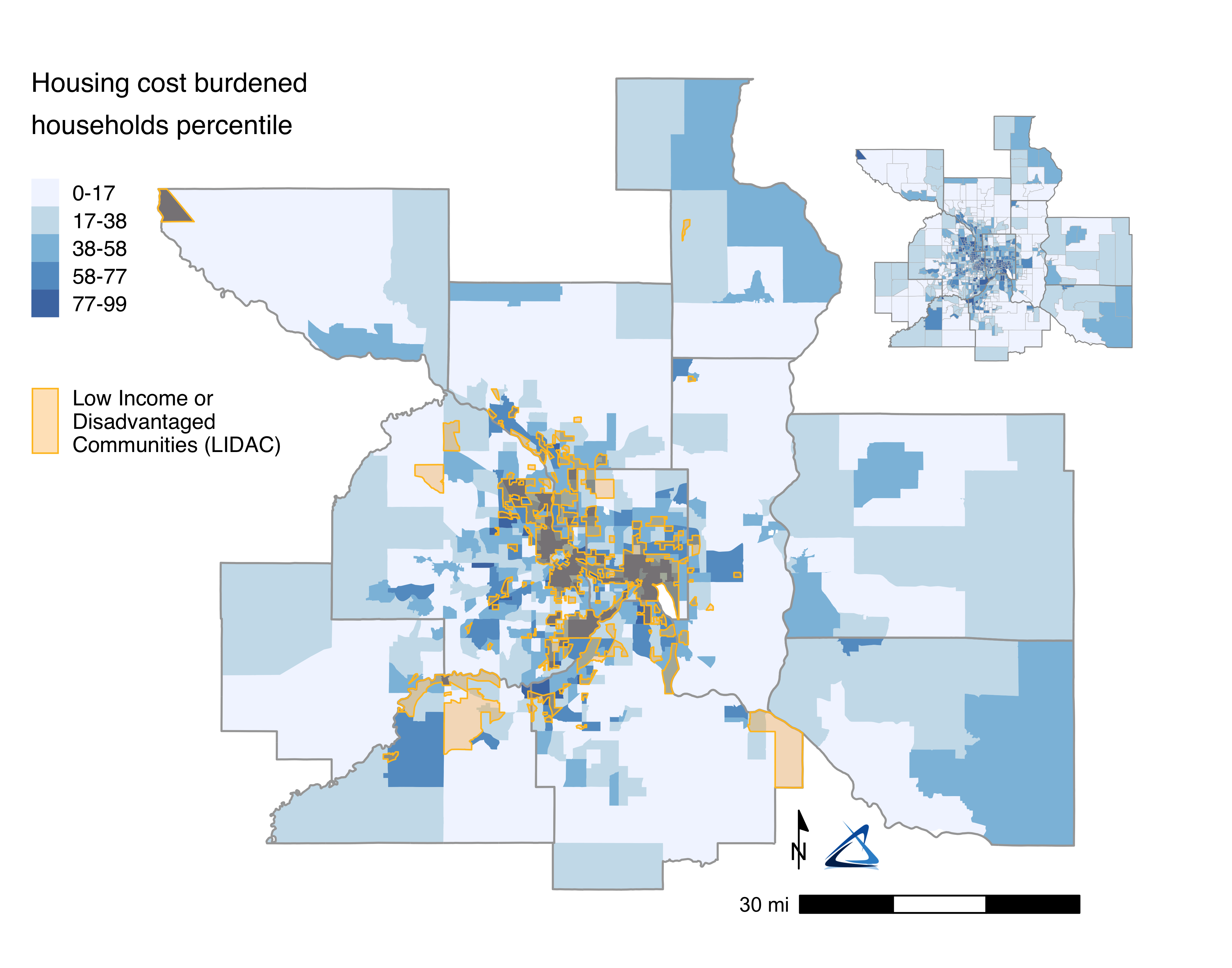 A map of LIDAC block groups overlaying concentrations of housing cost burden. There is noticeable overlap in high housing cost burdens and where LIDAC block groups are concentrated, particularly in Hennepin and Ramsey Counties.