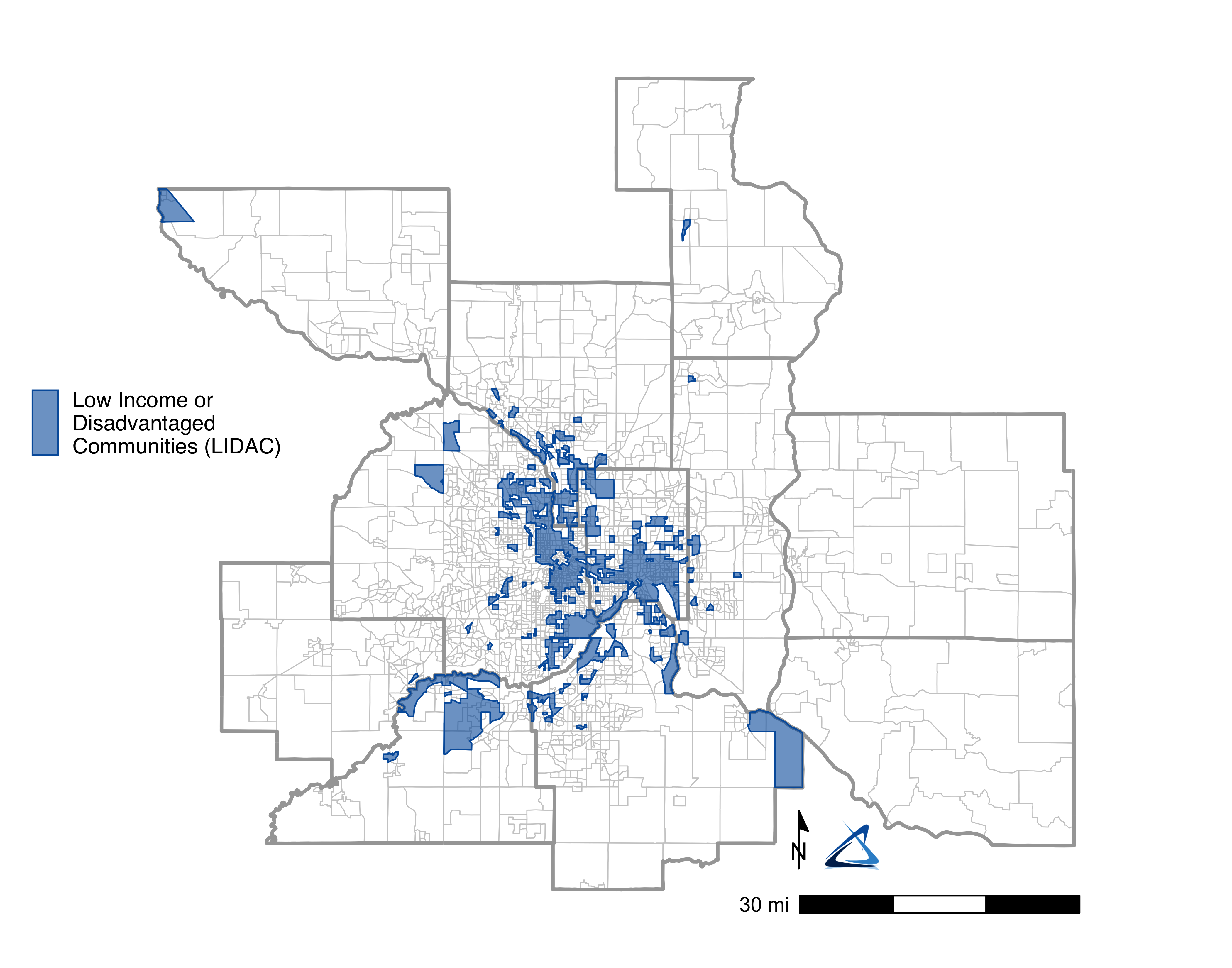 A map of the 11-county CPRG region with Low Income and Disadvantaged Community (LIDAC) census block groups colored in blue. LIDACs are found across the region but are concentrated in eastern Hennepin County and southern Ramsey County.